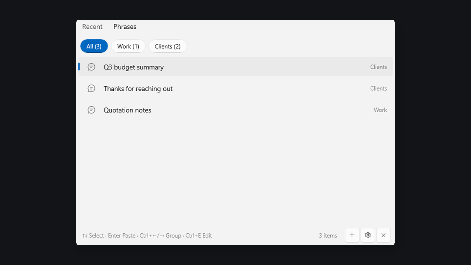 ClipPhrase snippets grouped by project