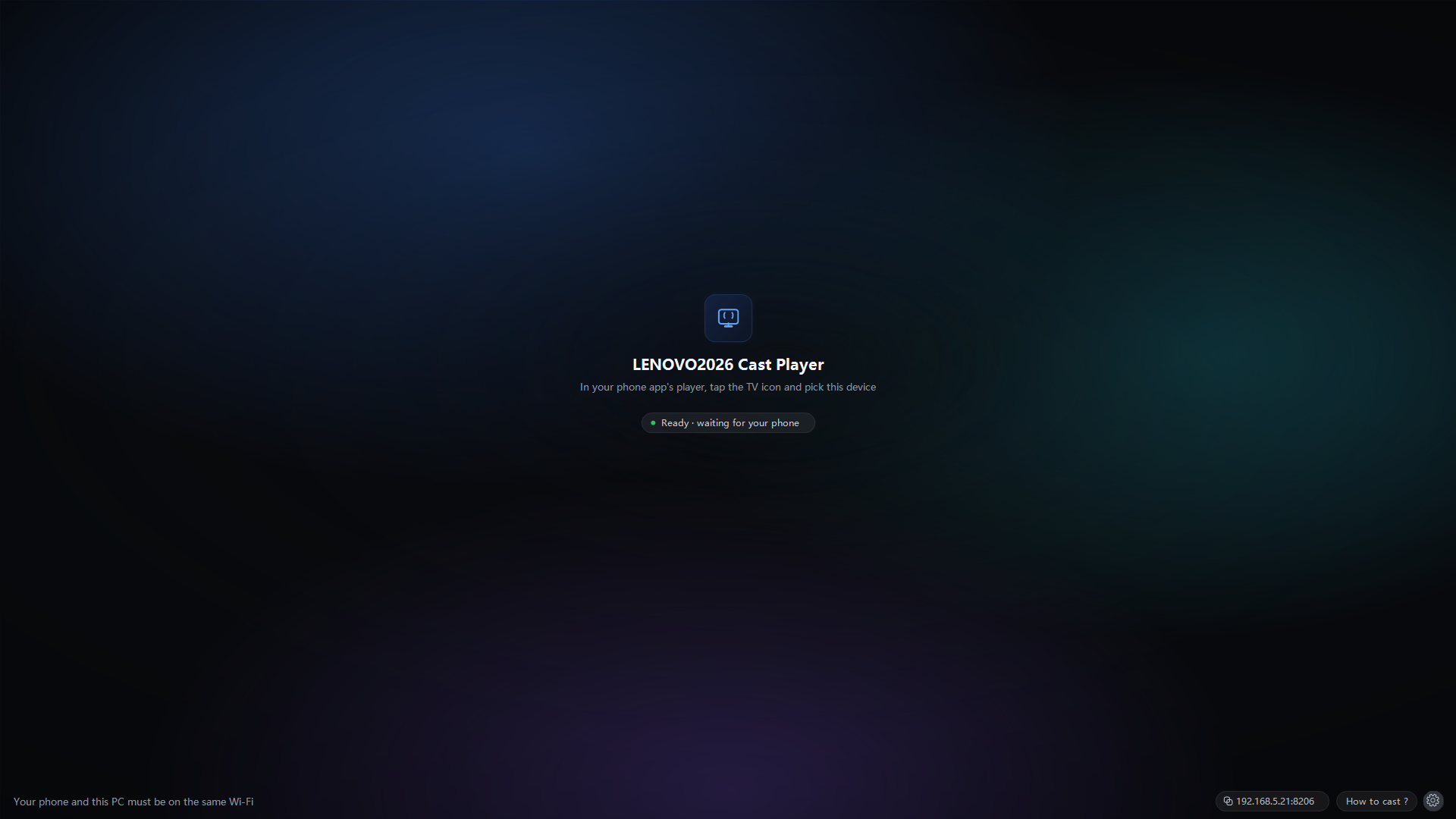 DLNA Cast Player waiting screen showing device name and ready state