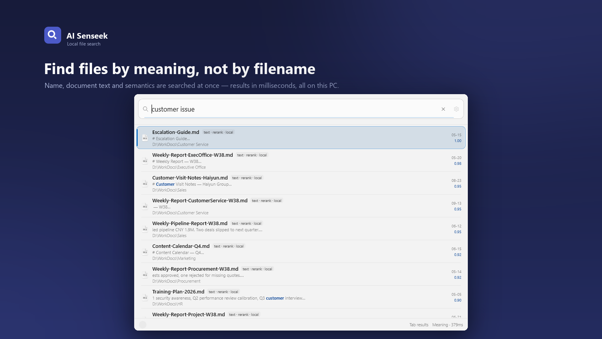 AI Senseek search results with semantic matches