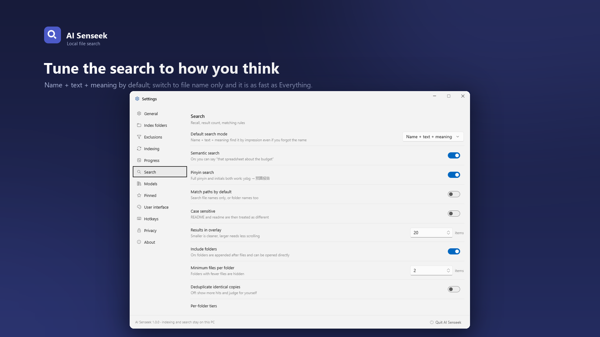 AI Senseek recall and index settings