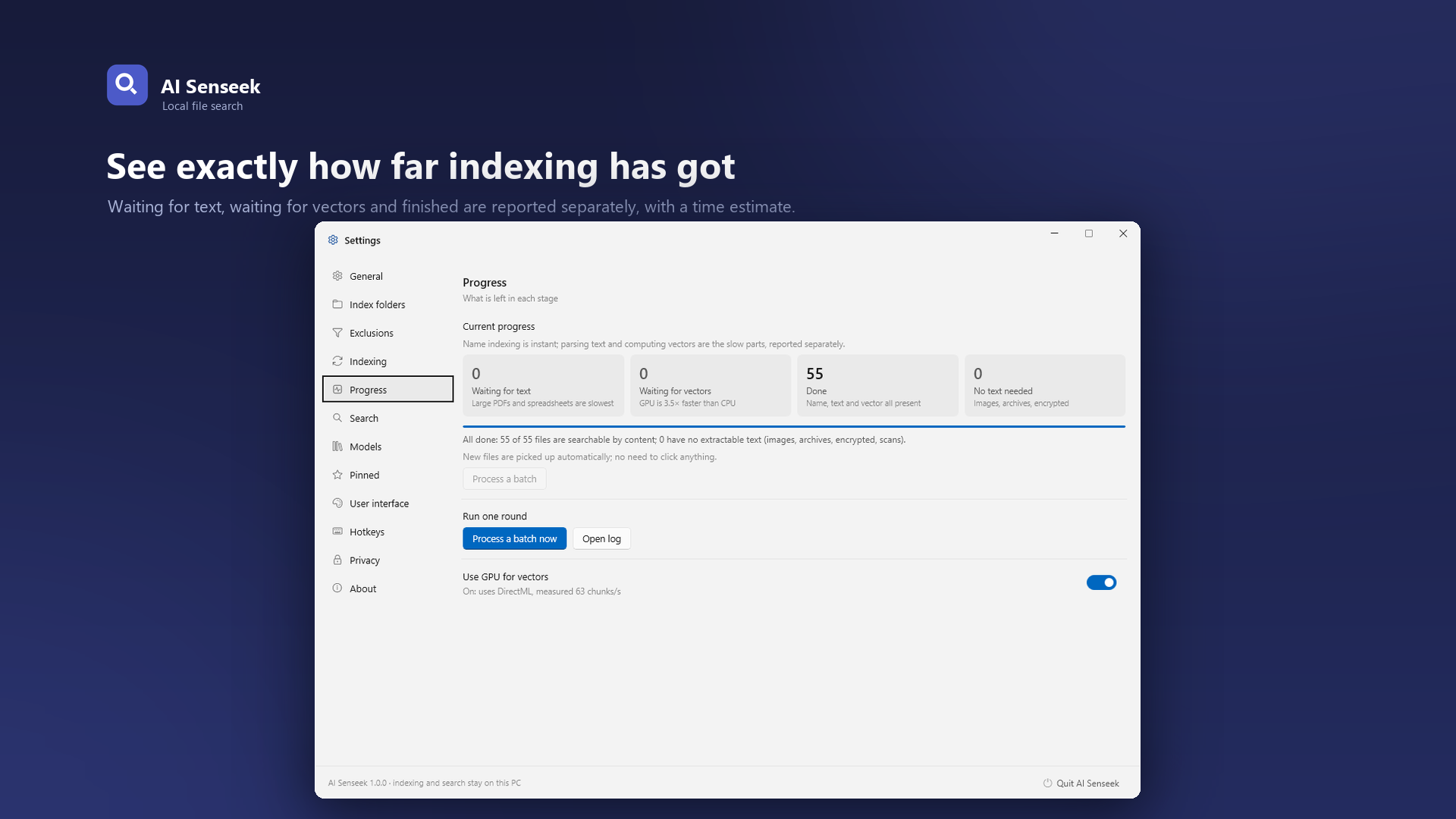 AI Senseek indexing progress